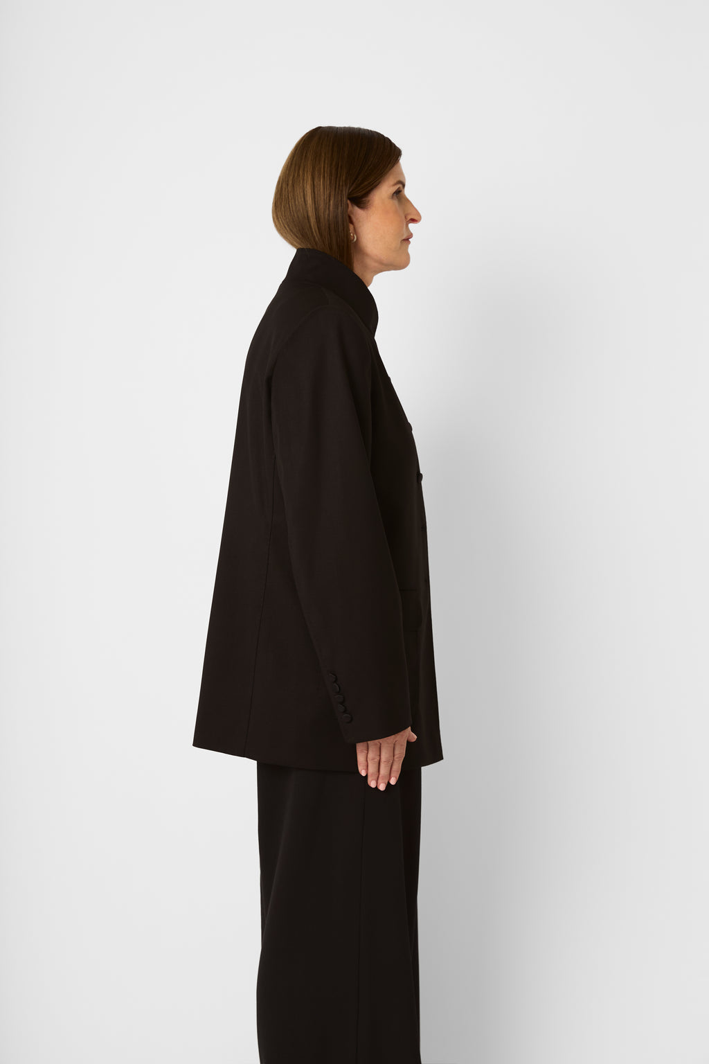 The High-Neck Tailored Jacket in Deep Espresso