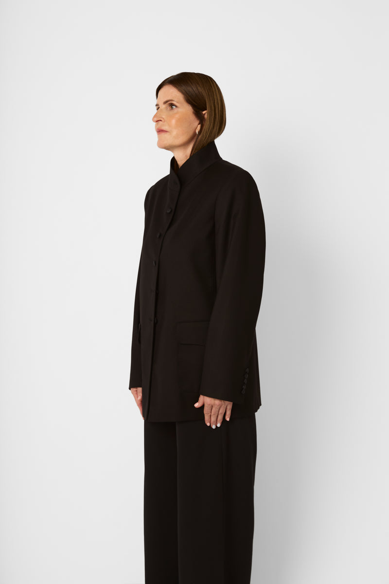 The High-Neck Tailored Jacket in Deep Espresso