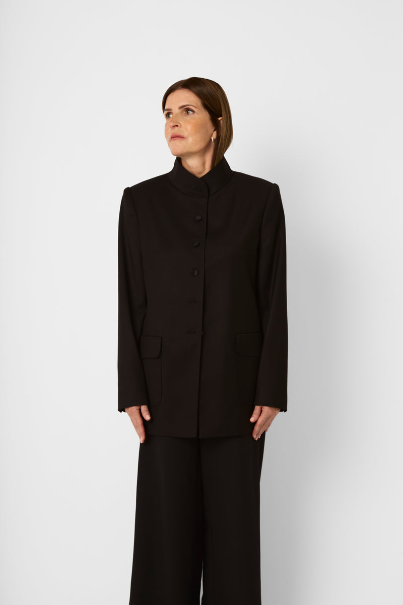 The High-Neck Tailored Jacket in Deep Espresso