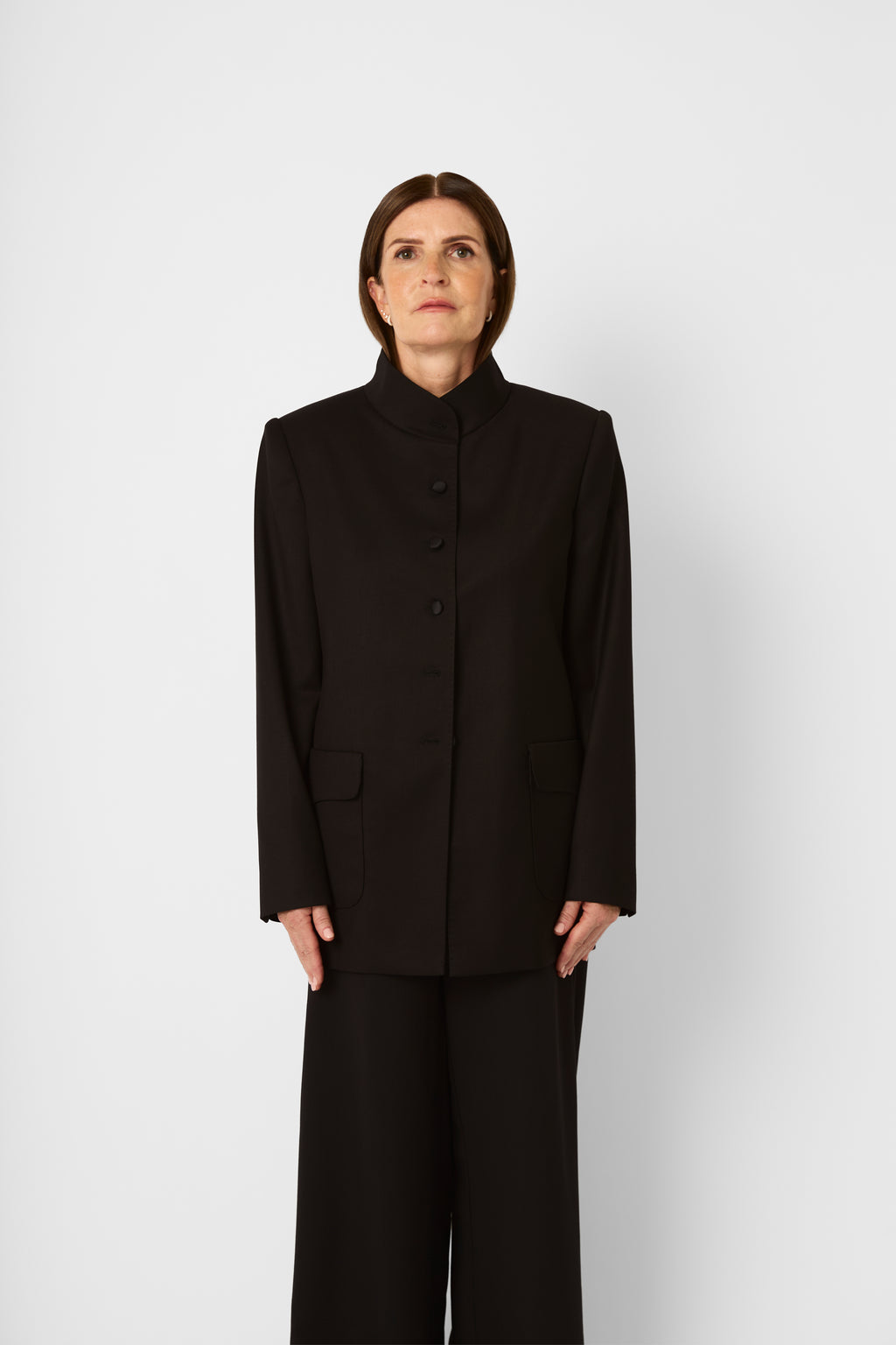 The High-Neck Tailored Jacket in Deep Espresso