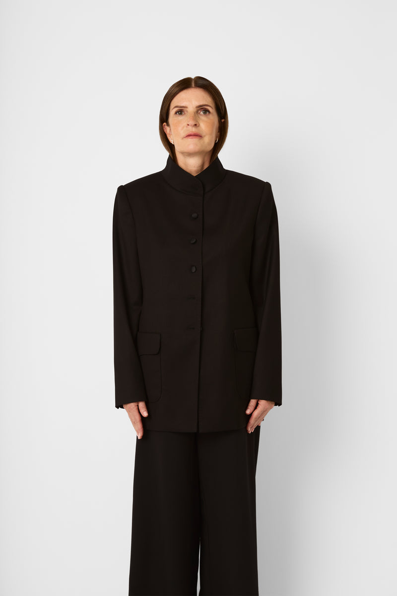 The High-Neck Tailored Jacket in Deep Espresso