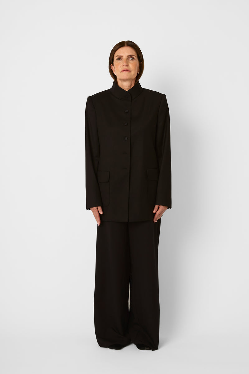 The High-Neck Tailored Jacket in Deep Espresso